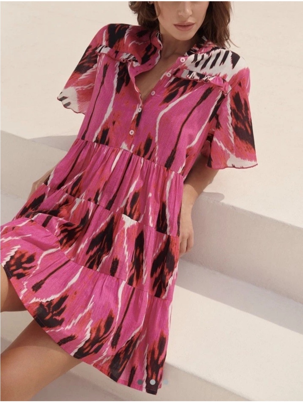Anthropologie Ro's Garden Vibeka Mini Dress Pink XS Ruffled Tiered Ikat Print